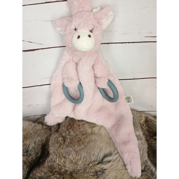 Little Giraffe Faux Fur Pink Giraffe Lovey Rattle Teether Security Blanket - Picture 3 of 7